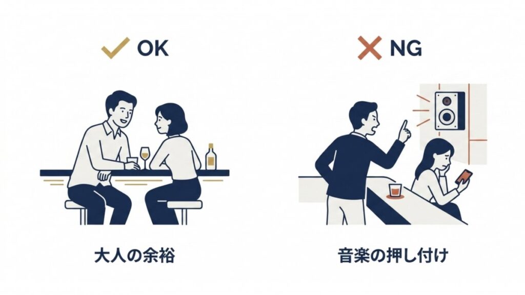 大人の余裕と音楽の押し付けをOK・NGで対比した恋愛場面の図解