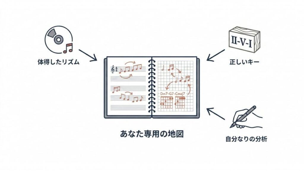 体得したリズム、正しいキー、自分なりの分析を黒本の専用地図に集約する図解