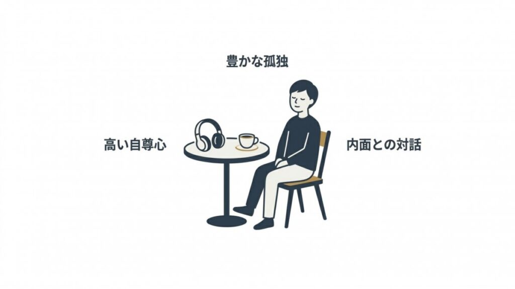 高い自尊心、豊かな孤独、内面との対話を人物とヘッドホンで表したイメージ