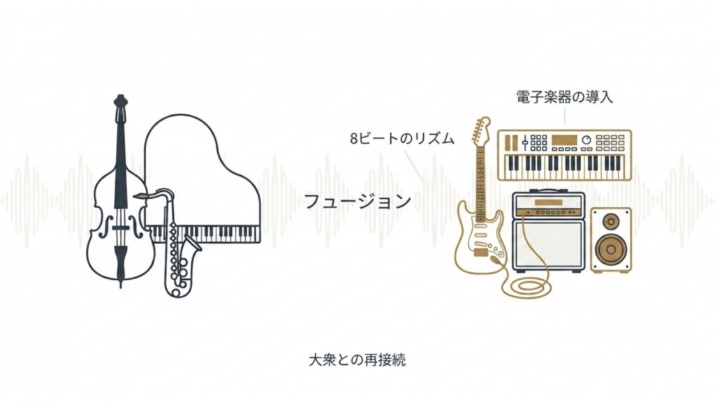 ジャズと電子楽器や8ビートのリズムが再接続するフュージョン図解
