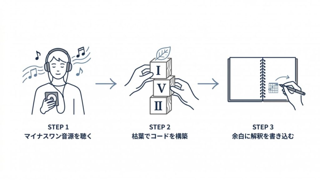 黒本のマイナスワン音源、枯葉のコード、余白メモを順に並べた練習手順図