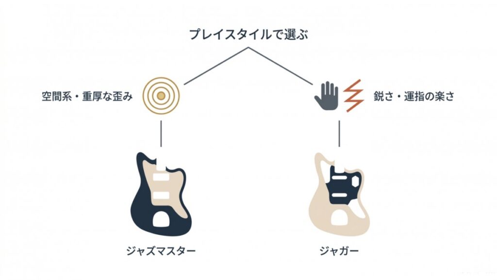 空間系や重厚な歪みと運指の楽さで選ぶギター比較図