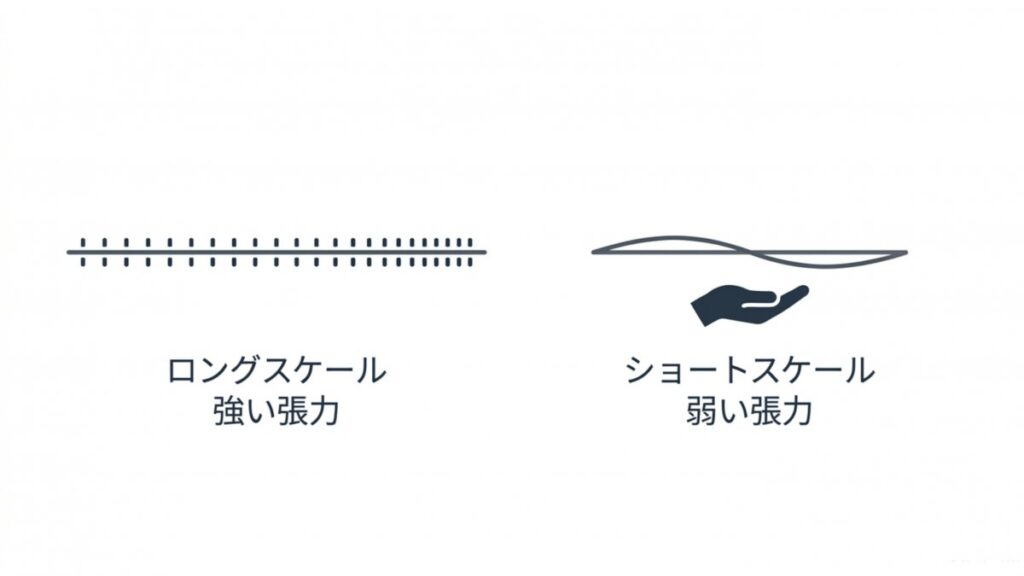 ロングスケールとショートスケールの弦の張力差を示す図解
