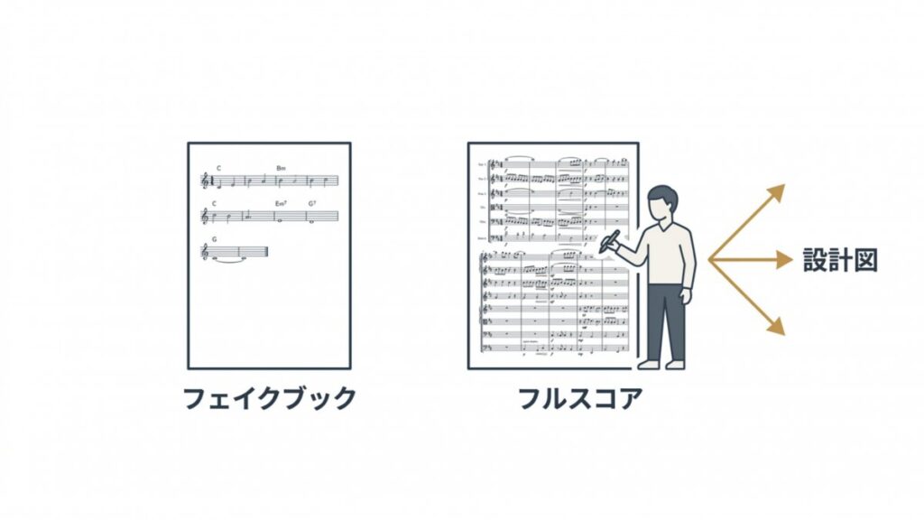 ジャズのフェイクブックとフルスコアの譜面構造を設計図として対比した解説図