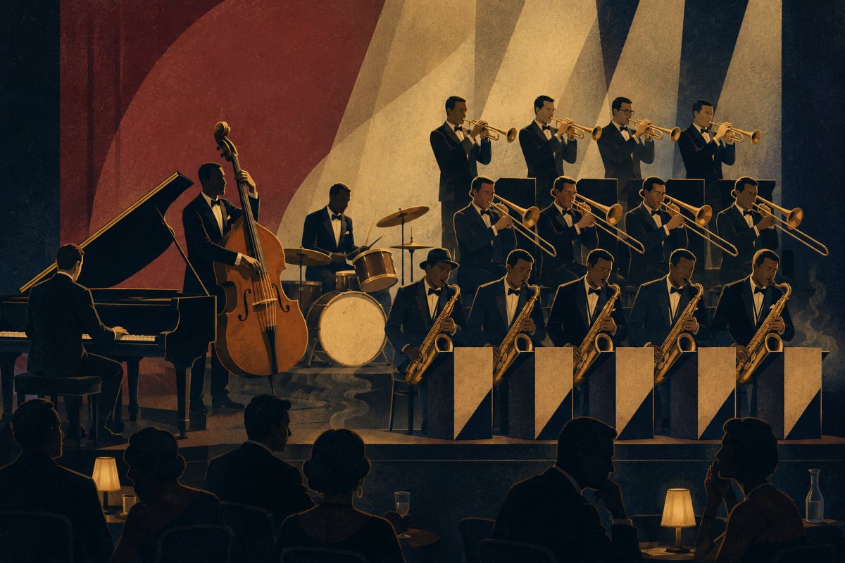 ジャズ・ビッグバンドが夜のクラブで迫力ある演奏をするイラスト