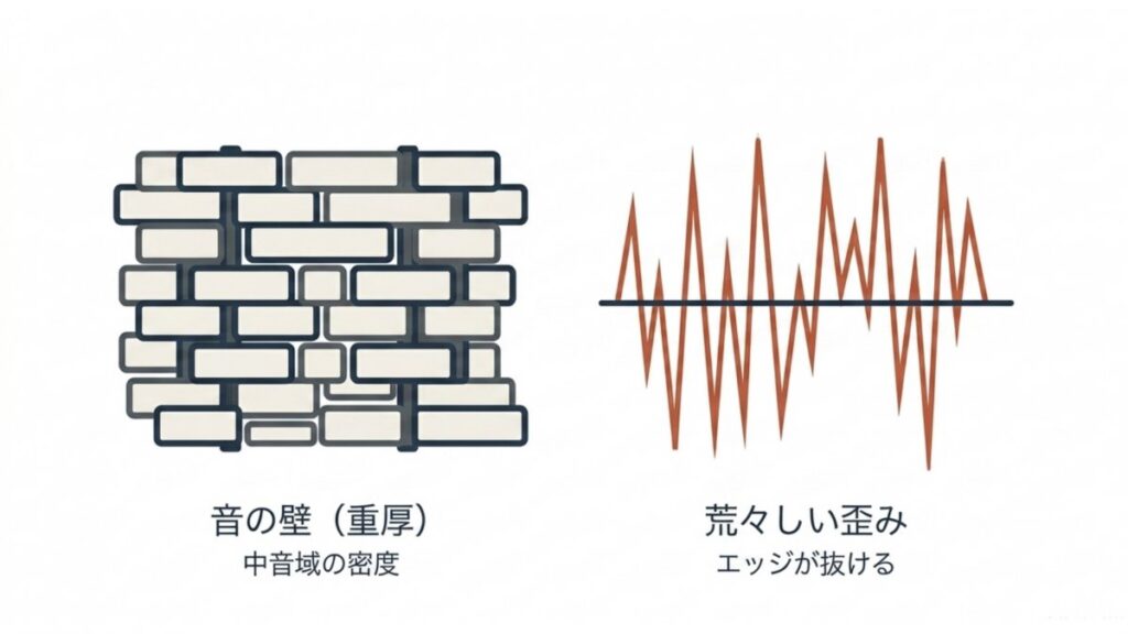 重厚な音の壁とエッジのある歪み音の違いを示す比較図