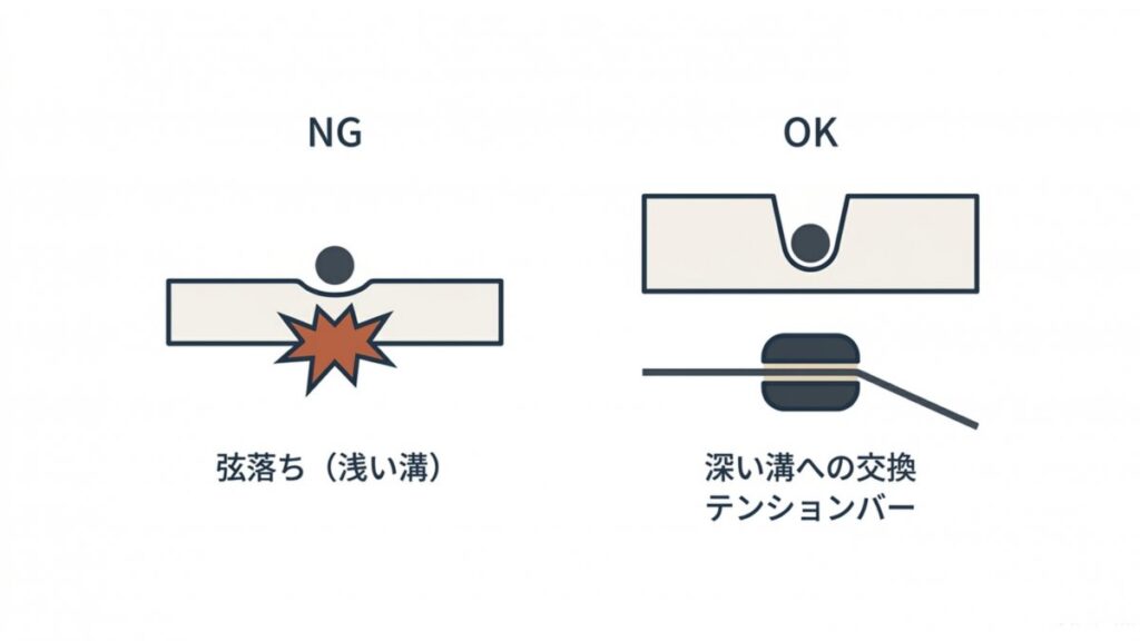 浅いブリッジ溝による弦落ちと深い溝への交換を示す図解