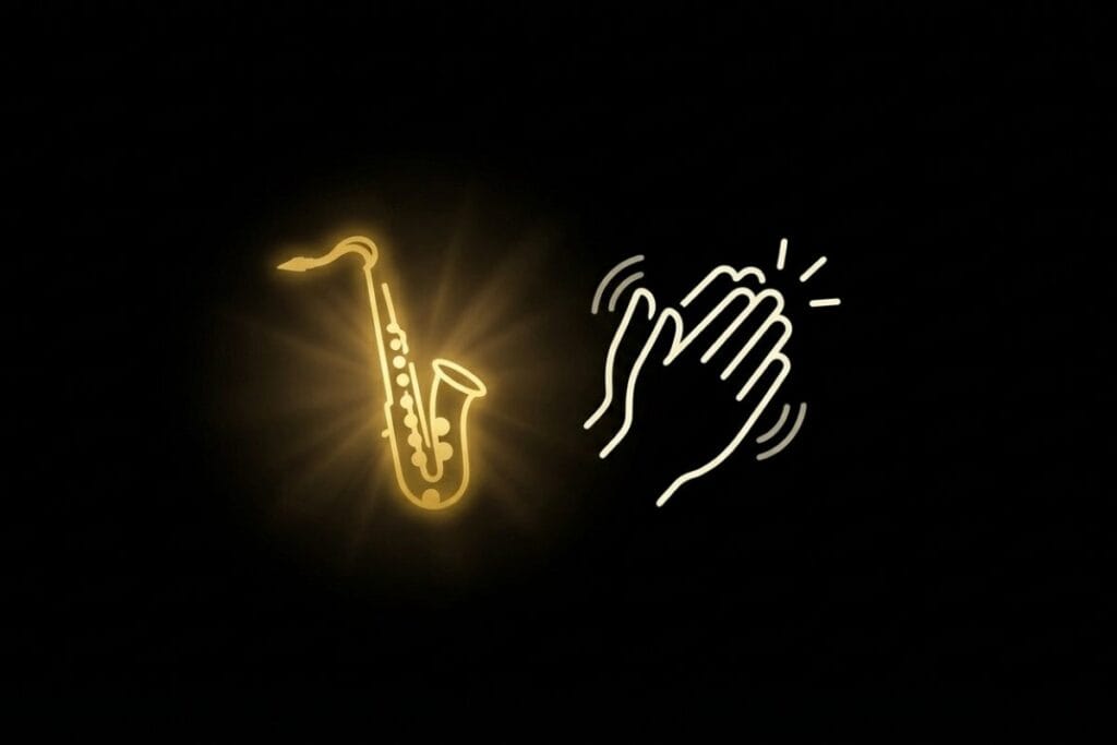 ジャズバーの拍手タイミングとして、サックスと手拍子の白線アイコンが並ぶ図