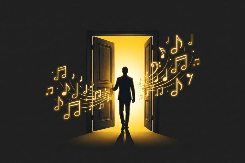 ジャズバー初心者の人物が明るい扉口へ歩き、音符の光が周囲に広がるイラスト