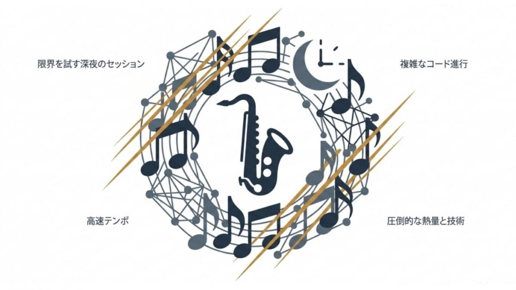 高速テンポ、複雑なコード進行、深夜セッションと技術追求を示すビバップの図解
