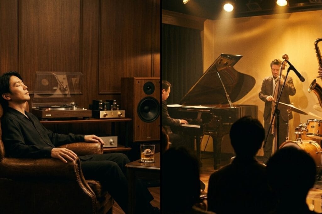 ジャズ喫茶のレコード鑑賞とライブハウスのステージ演奏を左右に並べた比較図