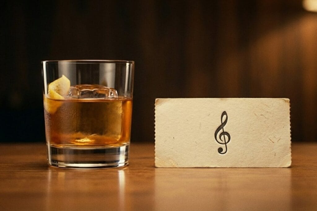 ジャズバーのお酒としてウイスキーのグラスと、ト音記号入りコースターが置かれた写真