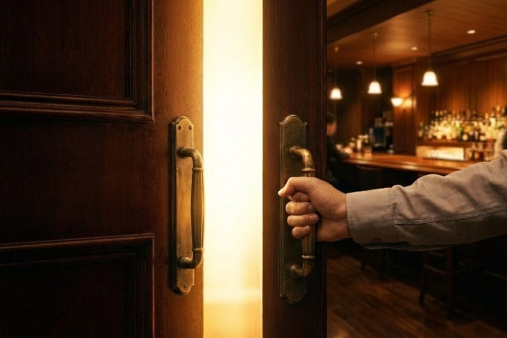 ジャズバーの敷居を感じる入口で、手が扉を開けた先にカウンターが見える場面