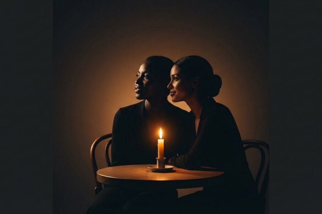 ジャズバーのデートで、ろうそくの灯る小さなテーブルに二人が寄り添うシーン