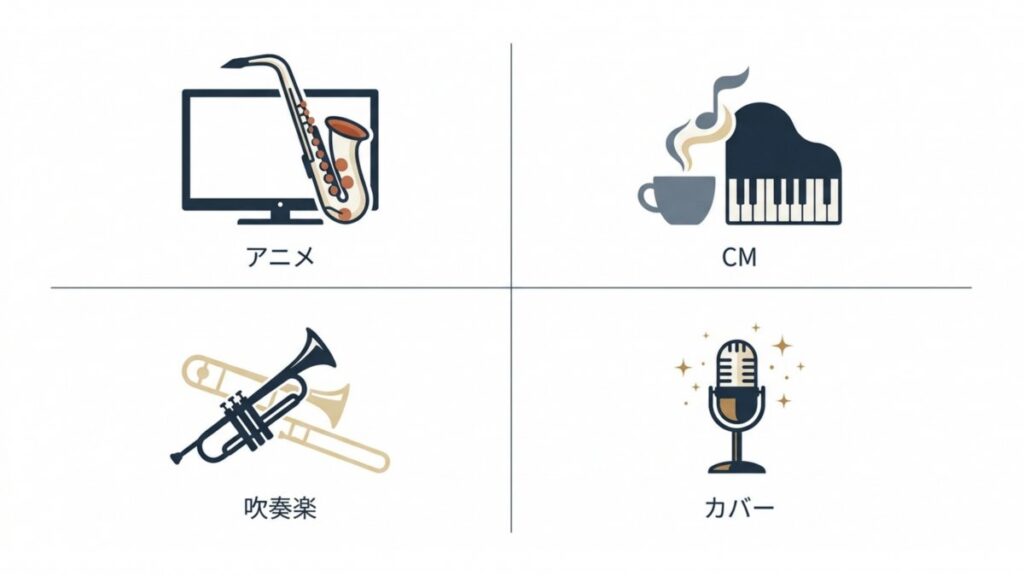 アニメ、CM、吹奏楽、カバーを四分類で示す日本のジャズ名曲の入口整理図