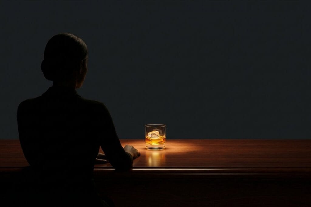 一人でジャズバーに座る人物の後ろ姿と、カウンター上のグラスが照らされるカット