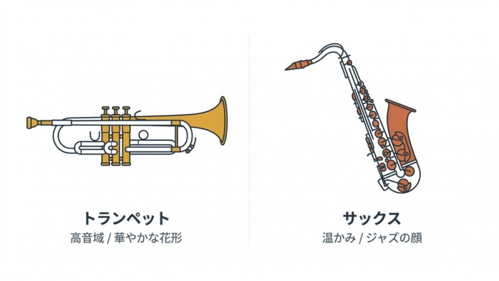 フロント楽器のトランペットとサックスを並べ、音域と音色の特徴を記した解説図