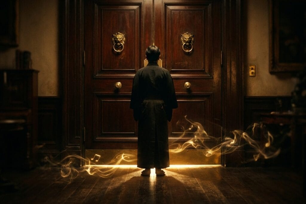 ジャズバー初心者が重い木の扉の前に立ち、足元から音符の光が細く漏れる場面