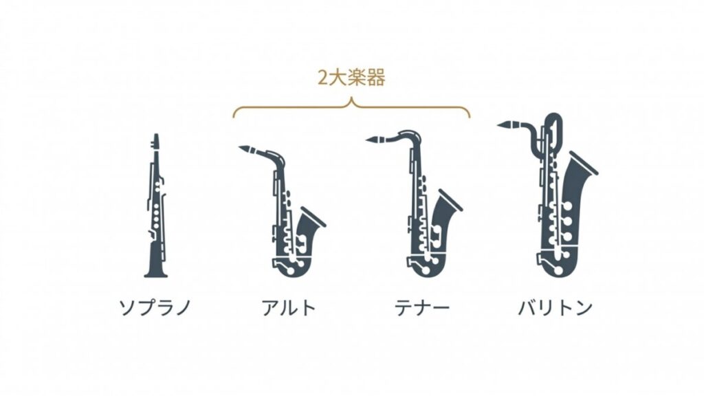 ソプラノ、アルト、テナー、バリトンの4種類のサックスを音域順に並べた図解