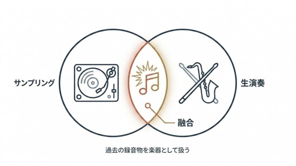 サンプリングと生演奏が重なる融合領域を示したベン図