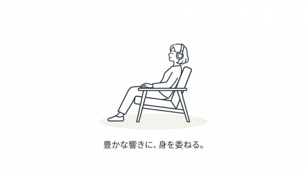 ヘッドホンで音楽を聴く人物と、豊かな響きに身を委ねる場面のイメージ