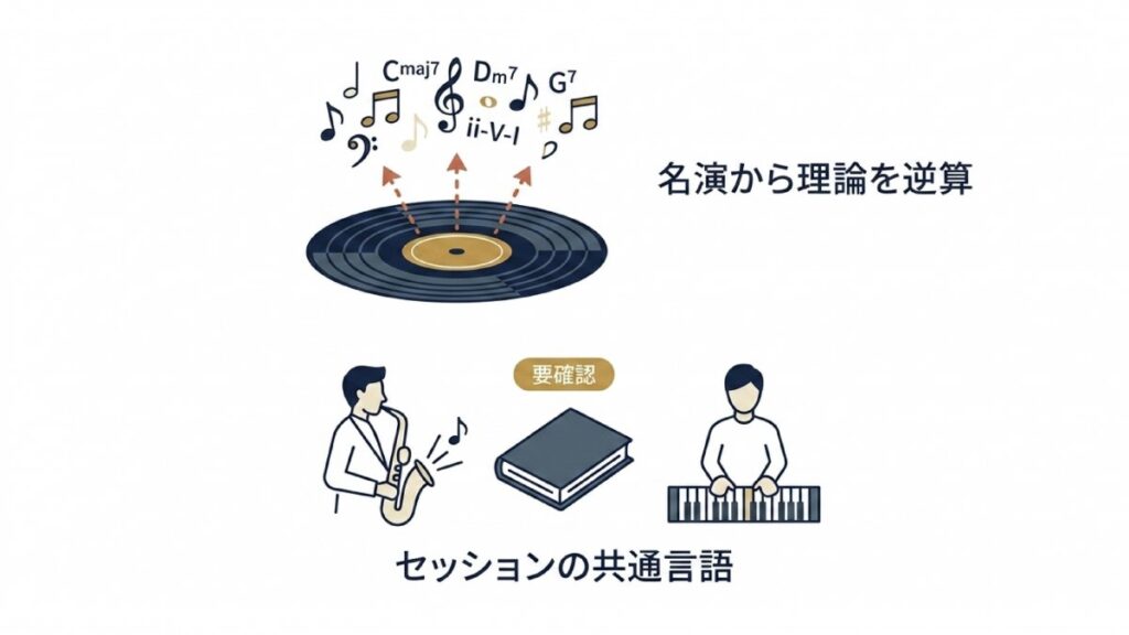 名演からコード進行や楽譜を確認し、セッションで共有する流れの図解