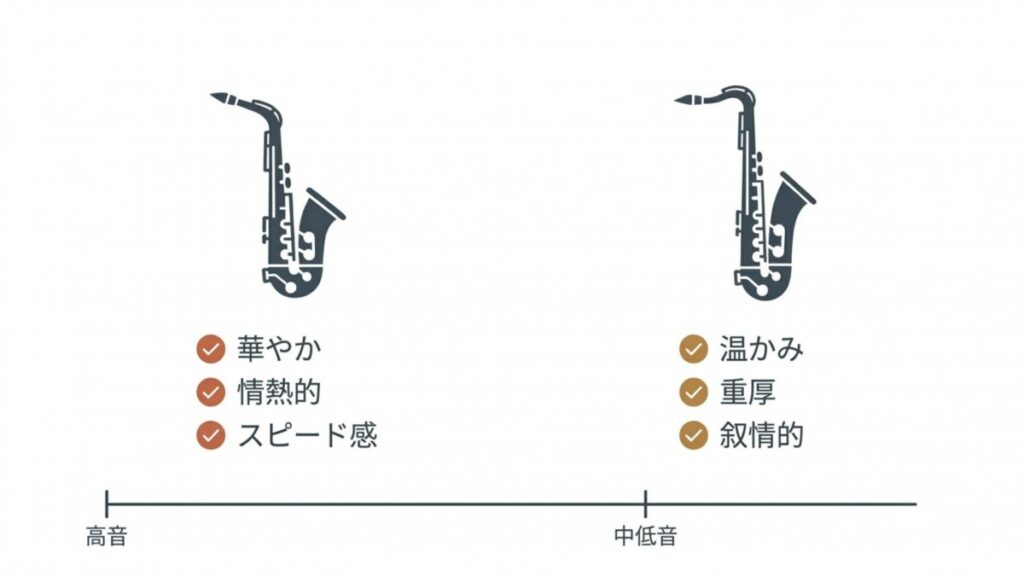 アルトとテナーのサックスを高音・中低音の軸と音色特徴で比較した図解