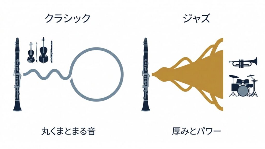 クラシックとジャズのクラリネット音色の違いを波形と楽器配置で示した比較図