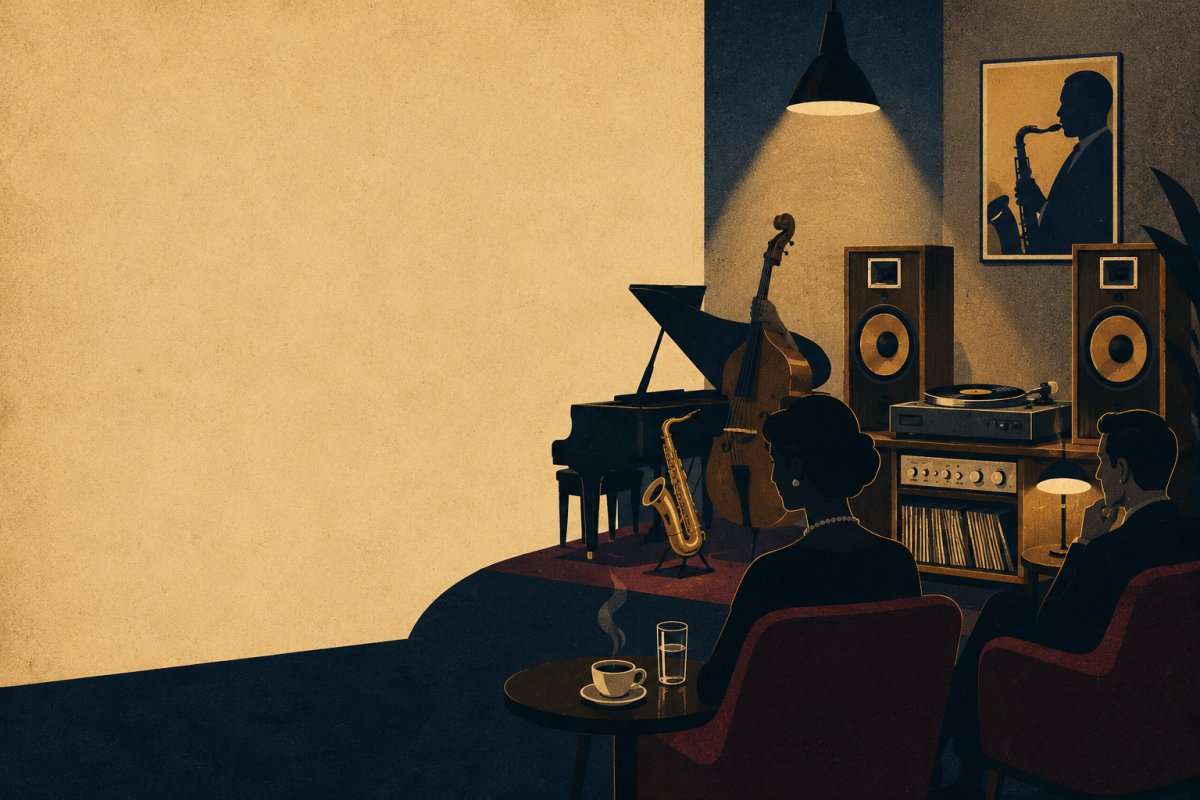 ジャズ喫茶のマナーを表す静かな音楽鑑賞空間のイラスト