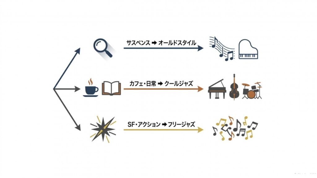 サスペンス、カフェ、SFアクションを各ジャズ様式に結び付けた劇伴ジャンル別図