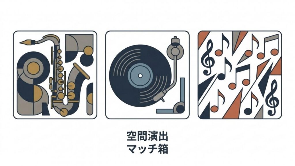 楽器、レコード、音符柄のマッチ箱を並べた空間演出の図解