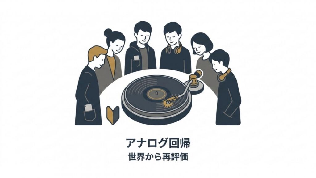 ターンテーブルを囲む人々とアナログ回帰、世界的再評価の図解