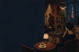 東京のジャズ喫茶でレコードとコーヒーを楽しむ夜の店内
