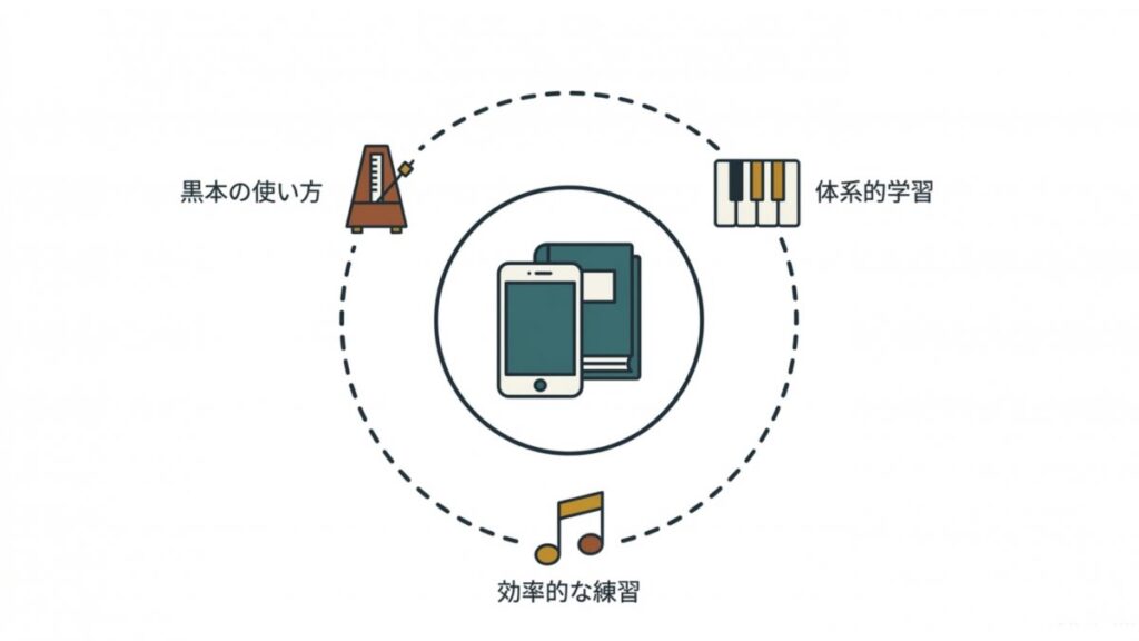 黒本の使い方、体系的学習、効率的な練習を教材と音楽アプリの中心に配置した学習系の図